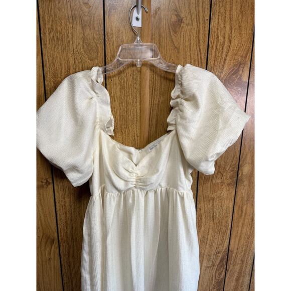 English Factory Cream Balloon Sleeve Sweetheart Neck Mini Dress Lined Large - Picture 3 of 7
